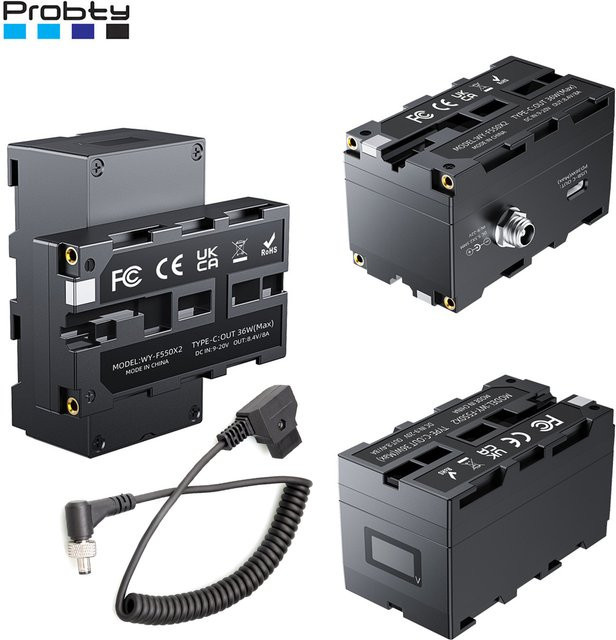 Probty Doppelseitiger NP-F Dummy-Akku-Adapter für Kamera und Monitor, D-Tap zu DC 5,5 x 2,5 mm Kabel, Schwarz, kompatibel mit NP-F550, NP-F750 und NP-F970 - Bild 1