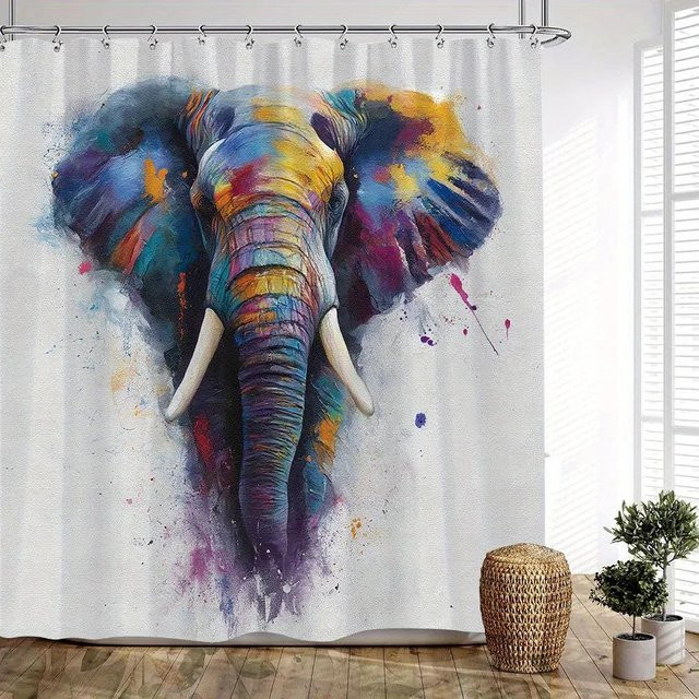 Jessica Chen Duschvorhang mit buntem Elefanten-Design aus Polyester, Farben: Blau, Lila, Gelb, Rot, B/H: 180 x 220 cm - Bild 1