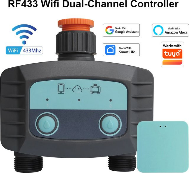 Tuya Smart Gartenbewässerungstimer mit 2 Ausgängen, drahtloser WiFi-Bewässerungsregler für automatische Tropfbewässerung, kompatibel mit der Tuya App, Schwarz/Grau - Bild 1