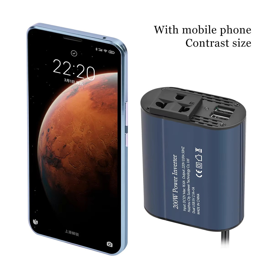 Tragbarer Auto-Wechselrichter Konverter DC 12V zu AC 220V 50Hz mit 200W Leistung und zwei USB-Anschlüssen in Blau - Bild 5
