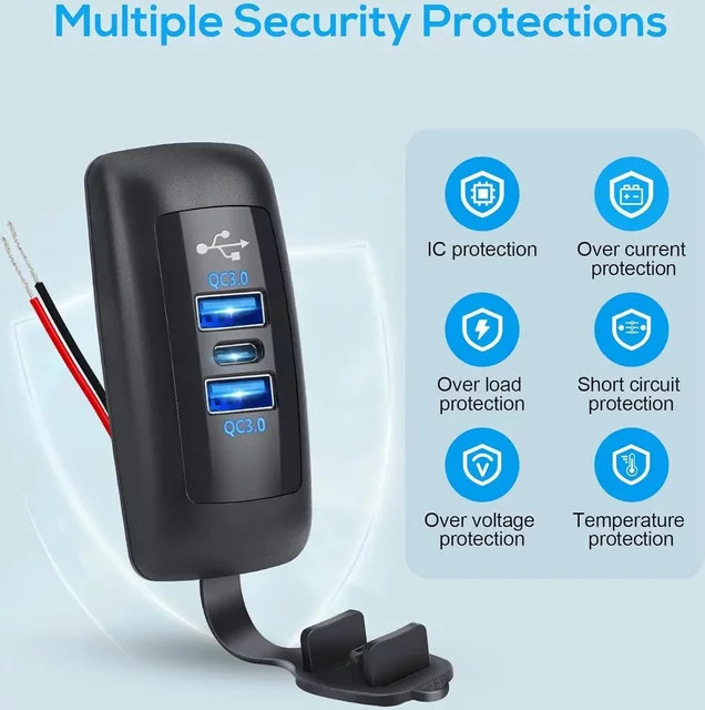 Kebidumei Autoladegerät mit 3 Ports: Dual USB A und PD USB C Steckdose, Wasserdicht, Schwarz, 12V-24V für Auto, LKW und Marine - Bild 1