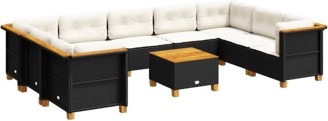 vidaXL 10-tlg Garten-Sofagarnitur aus Polyrattan in Schwarz mit cremeweißen Kissen und Gartentisch - Bild 1