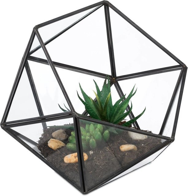 Relaxdays Pflanzenterrarium aus Glas und Zinn in Schwarz, geometrisches Design, offen, B/T/H: 16 x 17 x 20 cm - Bild 1