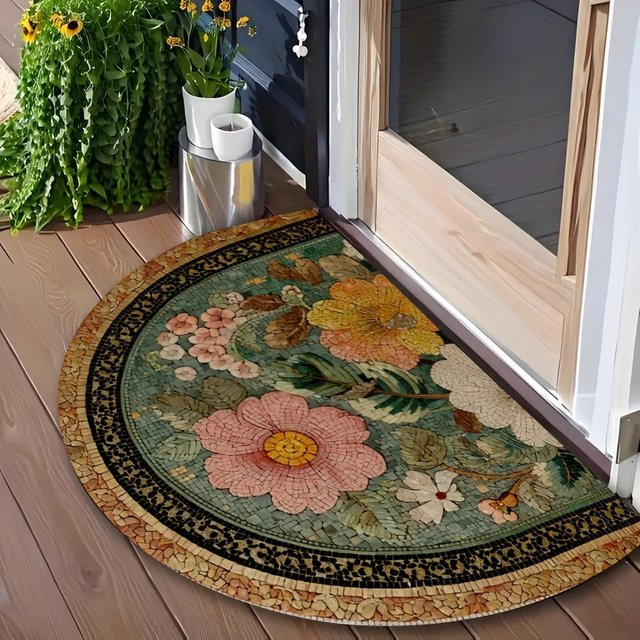 VIKAMA Retro Floral Halbrunde Eingangstürmatte, Rutschfest und Maschinenwaschbar, Mehrfarbig, B: 60,0 cm, T: 40,0 cm - Bild 1