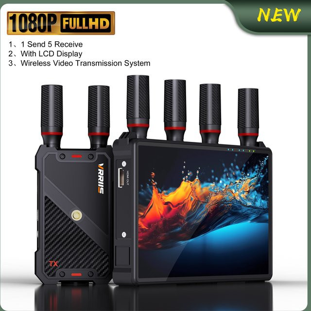 VNNBBS Kabelloser HDMI-Sender und -Empfänger mit 7 Zoll LCD-Display, Audio-IR-Anschluss und NP-F Akku-Unterstützung in Schwarz - Bild 1