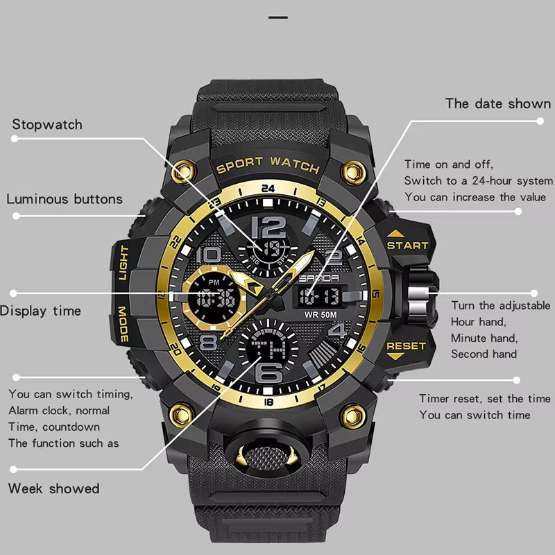 SANDA Armbanduhr, Quarz, Analog-Digital, Kunststoff, Schwarz, Herren - Bild 3