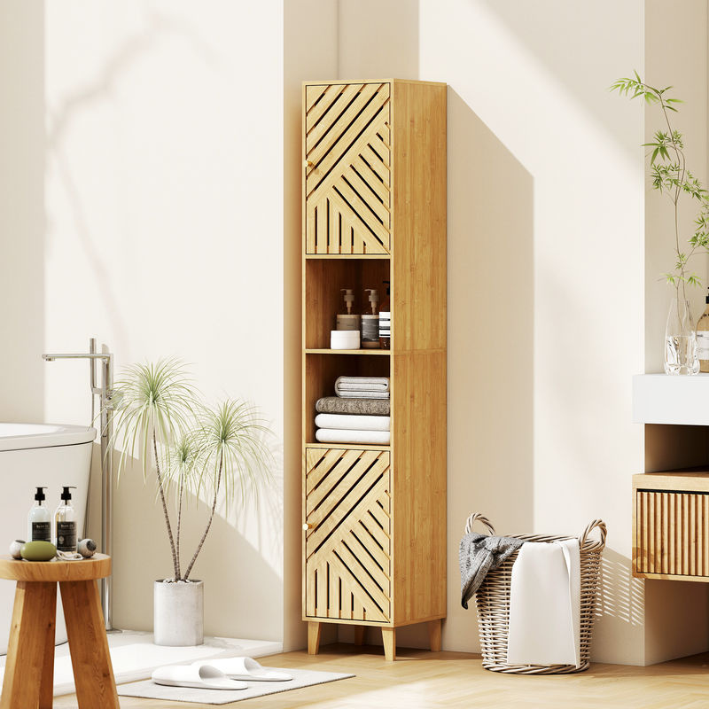 Aosom HOMCOM Hochschrank Badezimmer aus Bambus mit verstellbaren Regalen und Türen, Naturholz, B/T/H: 32 x 30 x 170 cm - Bild 2