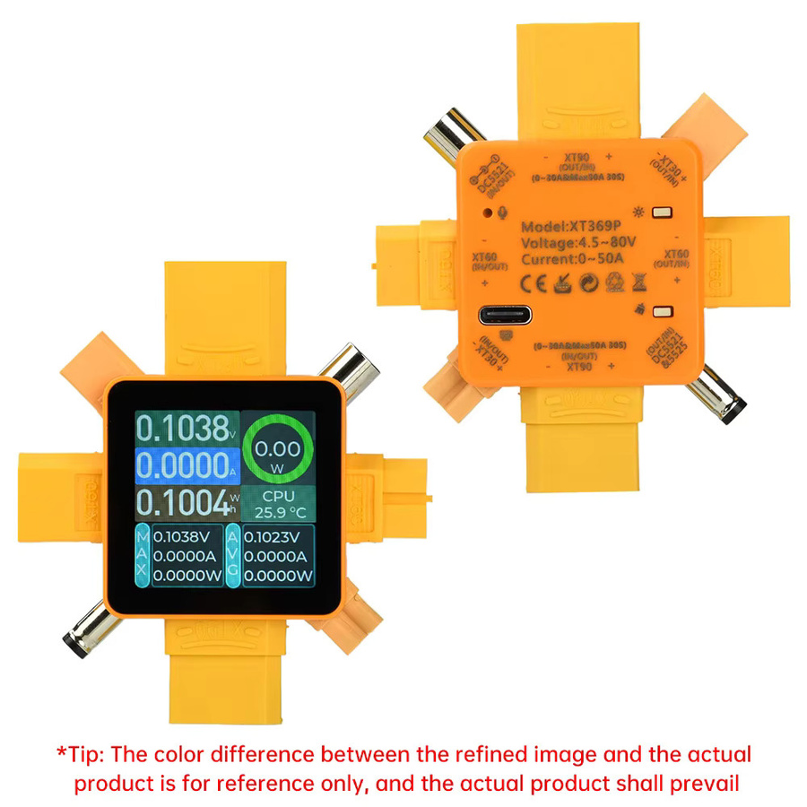 Voktta XT369P Digitales Voltmeter Amperemeter mit XT60 XT30 XT90 Stecker als Wattmeter und Strom-Kapazitäts-Tester in Orange und Gelb - Bild 2