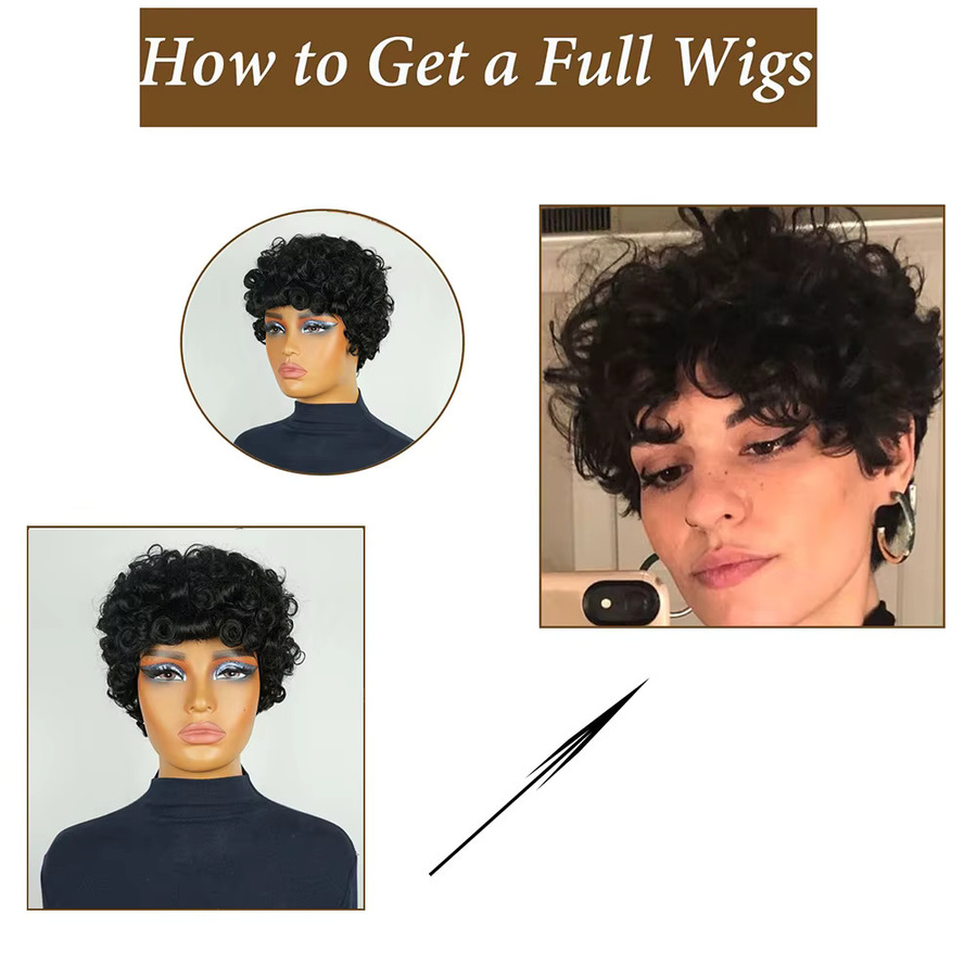 OYM HAIR Pixie-Perücke mit Pony, kurze Echthaar-Perücke, Schwarz - Bild 3