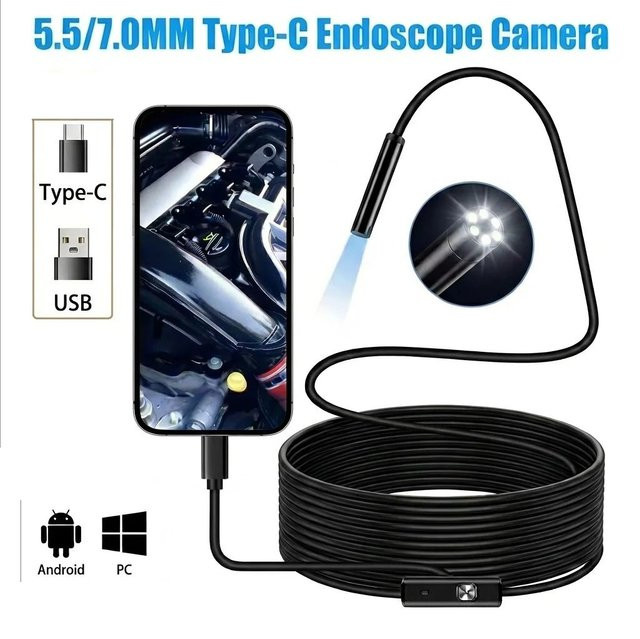 XinFe USB-C Endoskop-Kamera mit 6 LEDs, flexibles Boreskop für Android und PC, Schwarz, Durchmesser: 5,5 mm / 7,0 mm - Bild 1