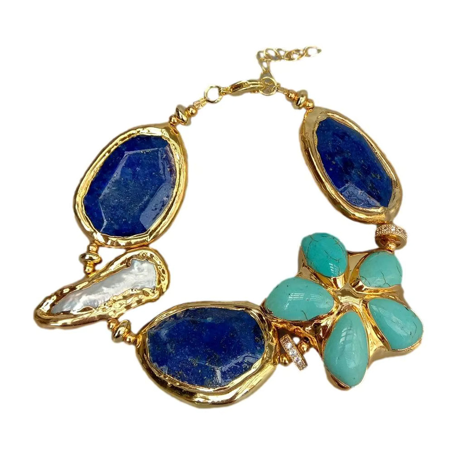 YYGEM Armband, Blaues Lapislazuli, Türkis-Blume, weiße Biwa-Perle, Gold - Bild 2
