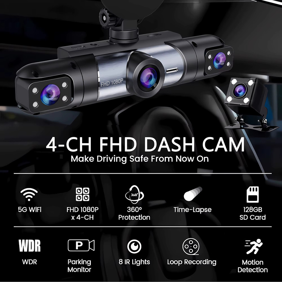 4 Kanal Full HD 1080P Auto DVR Dashcam mit Wifi und Nachtsicht in Schwarz - Bild 2