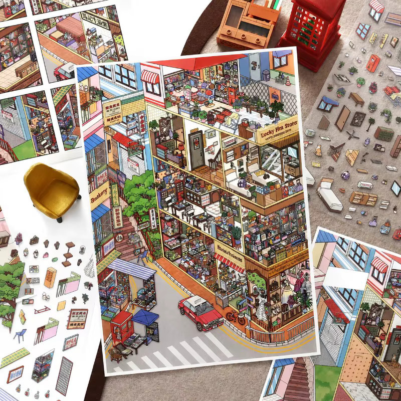 Infeelme Scenery Building Sticker Set Hot Spring Town DIY Decal in Multicolour - Bild 6