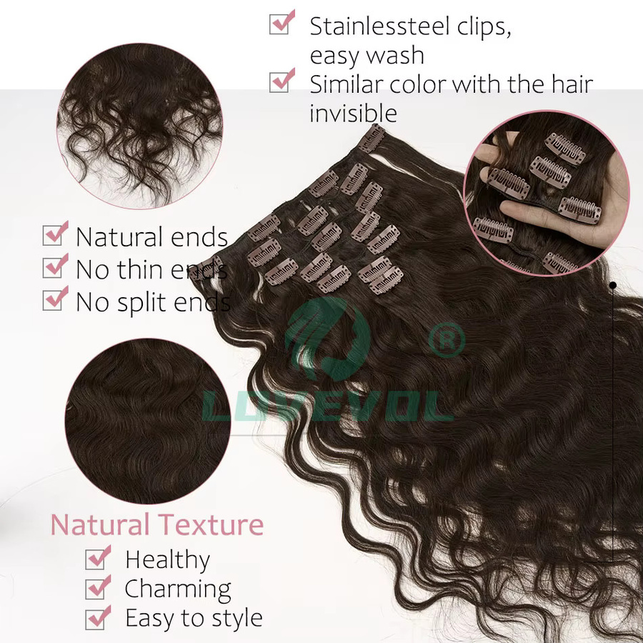Lovevol Clip-in-Haarverlängerungen, Braune Natürliche Wellen, 100 % Echthaar, 7 Stück, 120 g - Bild 3
