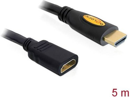 Delock HDMI Verlängerungskabel mit HDMI-A Stecker und HDMI-A Buchse in Schwarz, 5.00 m, 4K UHD mit vergoldeten Steckkontakten - Bild 1
