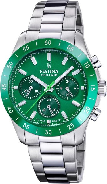 Festina Chronograph Damenuhr, Keramik, Edelstahl, Grün, 39 mm, 10 ATM - Bild 1