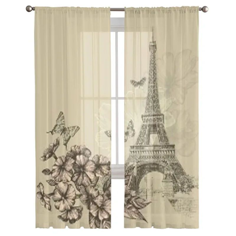 Super Six Transparenter Tüll-Vorhang mit Vintage Eiffelturm und Phlox-Blütenmuster in Beige, Breite: 135 cm, Höhe: 114 cm - Bild 2