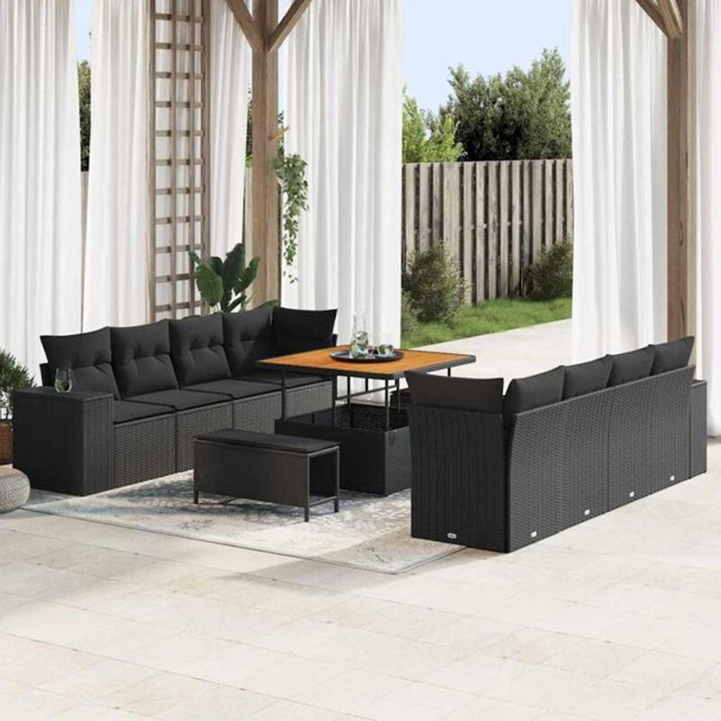 vidaxl Gartensofa-Set aus Poly-Rattan mit 11-teiligem Kissen-Set in Schwarz - Bild 1
