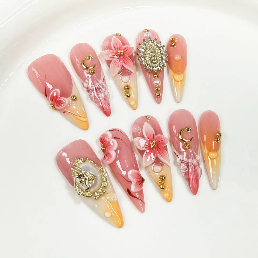 Qsezeny Künstliche Nagelspitzen Stiletto, 10 Stück, Glänzend, Blumen Farbverlauf - Bild 1