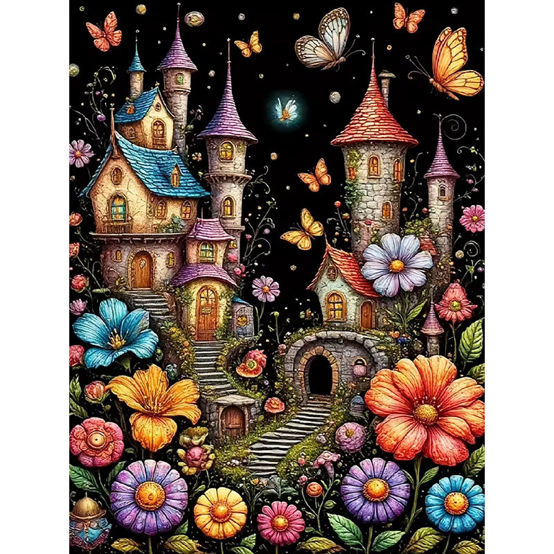 Huacan Diamantmalerei Landschaft mit Haus und Gänseblümchen, Wanddekoration Blumen-Mosaik, Mehrfarbig, Breite: 30,0 cm, Höhe: 20,0 cm, Tiefe: 20,0 cm - Bild 6