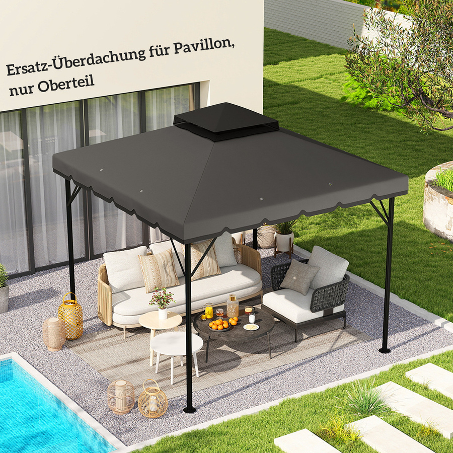 Outsunny Ersatzdach für Gartenpavillon aus Polyester, wasserabweisend mit Doppeldach und Wasserablauflöchern, Hellgrau, B/T: 3 x 3 m - Bild 2