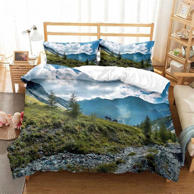 JMG Household Supplies Bettwäscheset Altai-Gebirge mit Naturlandschaft Wald und See, Blau, B/H: 140 x 200 cm - Bild 1