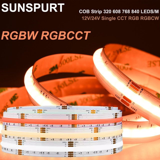 SUNSPURT RGBCCT COB LED-Streifen 50m, DC 24V, 840 LEDs/m, RGBW dimmbar, Multicolor, flexibles FCOB LED-Band für Raumdekoration und Beleuchtung - Bild 1
