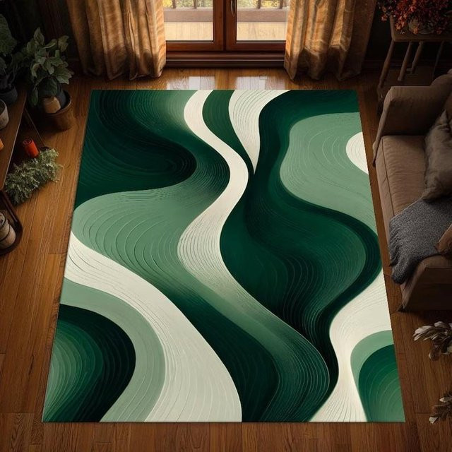 Moderner grüner Teppich Lodestar mit Wellenmuster aus Polyester, rutschfest und waschbar, B/T/H: 80 x 50 x 1 cm - Bild 1