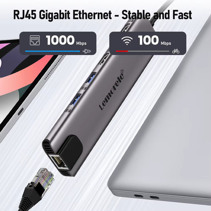 Lemorele 11-in-1 USB-C Hub in Grau mit 4K HDMI, 100W PD, RJ45 Ethernet, SD/TF-Steckplatz und 480 Mbps Datenübertragung für Mac und Windows - Bild 4