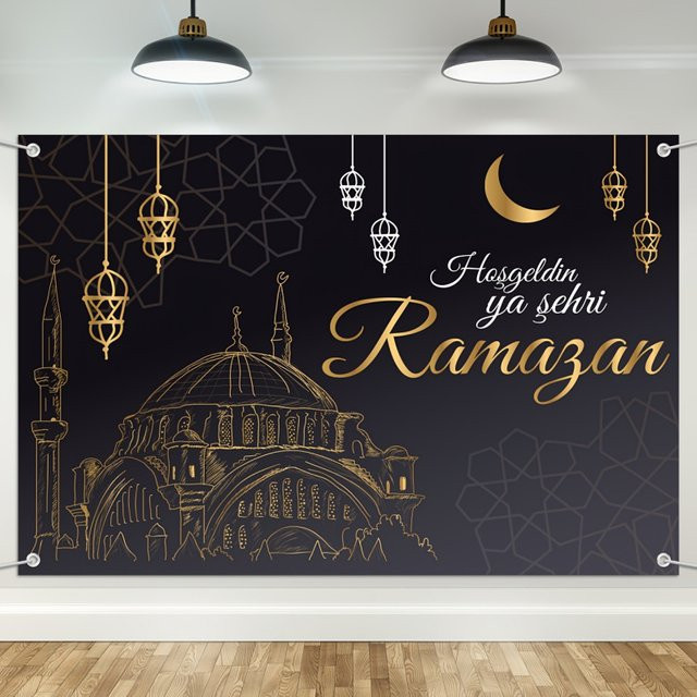 VIKAMA Ramadan Wandteppich im Türkei-Stil mit Mond und Sternen in Schwarz-Gold als dekorativer Wandhintergrund für Eid al-Fitr Partys - Bild 1