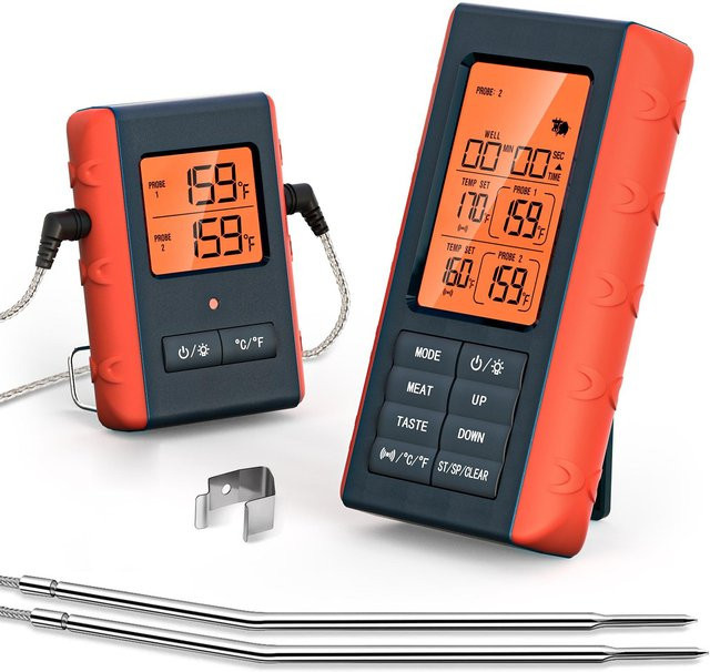 TOMTOP JMS Kabelloses digitales Fleischthermometer mit 2 Sonden in Orange zum Grillen und Kochen - Bild 1
