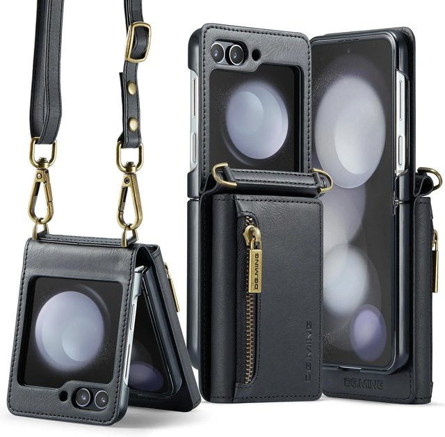 Leder Umhänge-Portemonnaie Handyhülle mit Kartensteckplatz und Reißverschluss für Samsung Galaxy Z Flip 7 6 5 4 3 in Schwarz - Bild 1