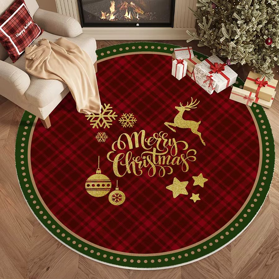 VIKAMA Runder Weihnachtsmann Teppich mit Schneeflocken und Lebkuchen für Wohnzimmer und Nachttisch - Bild 1
