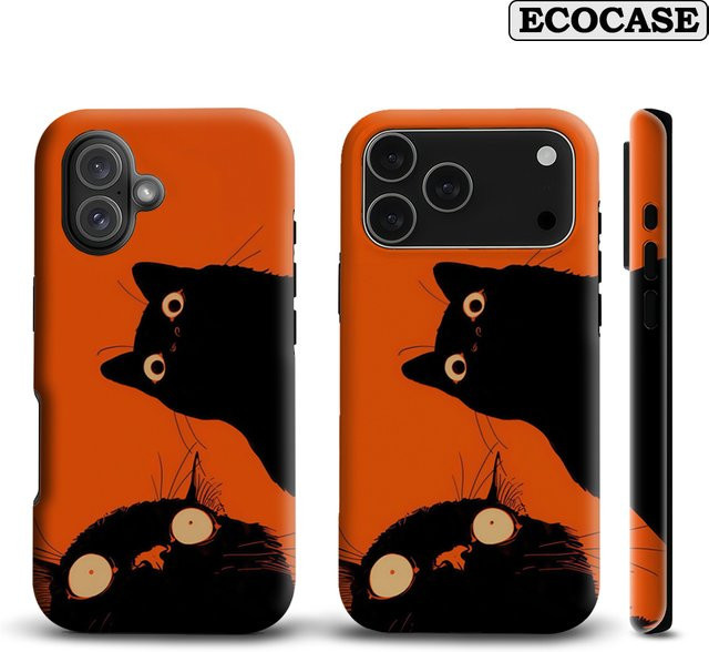 Potdemiel Handyhülle Wide-Eyed Black Cats für iPhone 17 16 15 14 13 12 Pro Max Plus mit doppelschichtiger Rückseite in Schwarz und Orange - Bild 1