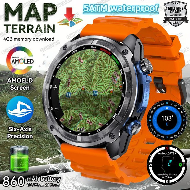 GUHUAVMI GPS Smartwatch mit Geländekarte, 4 GB Speicher, 6 Satellitensystemen, AGPS, 5ATM wasserdicht und 6-Achsen-Sensor, Orange - Bild 1
