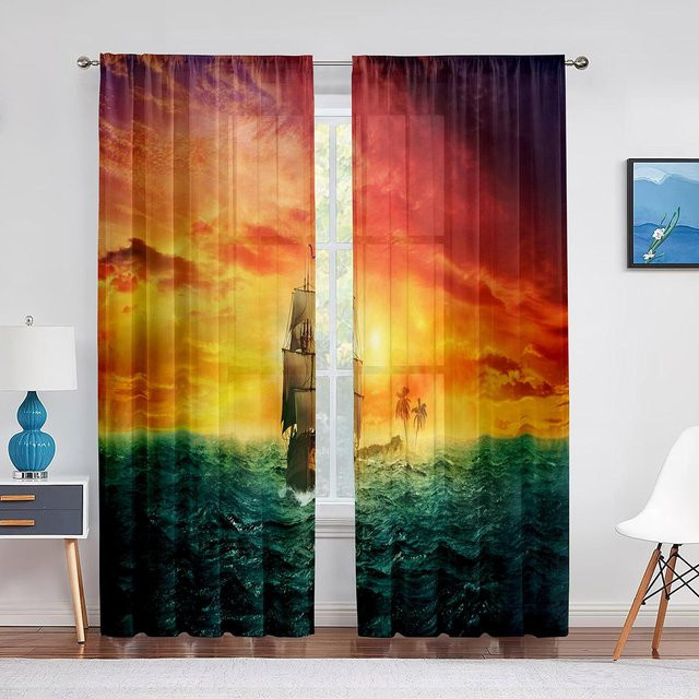 Binchi Outdoor Equipment Transparenter Tüll-Vorhang mit Segelboot-Motiv bei Sonnenuntergang, Modernes Voile-Fenstervorhang für Wohnzimmer und Schlafzimmer, B: 100 cm, H: 250 cm - Bild 1