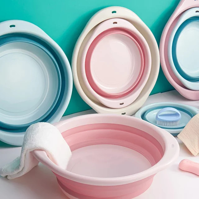 Tragbares faltbares Baby Waschbecken aus Silikon in Pink für die Körperpflege und zum Waschen - Bild 1