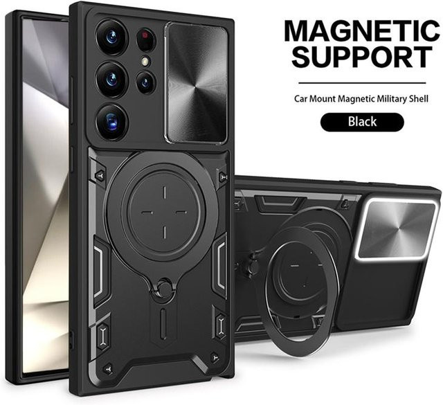 Magnetische Panzerhülle für Samsung Galaxy S24 Plus mit Schiebe-Kamera-Schutz und 360-Grad-Drehhalter-Ring in Schwarz und Transparent - Bild 1