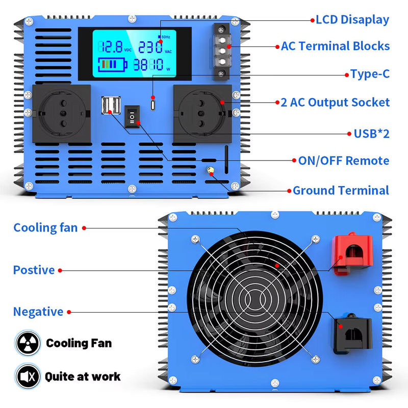 FLAMEZUM Wechselrichter mit reiner Sinuswelle, DC 12 V/24 V zu AC 230 V, Solar-Transforme-Konverter mit LCD-Display, USB und Fernbedienung - Bild 5