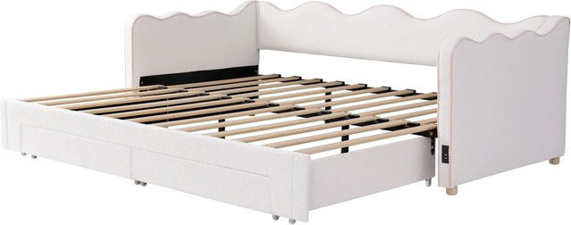 Merax Daybett mit Ausziehfunktion und USB-Anschluss in Beige, Bouclé Stoff, B/T/H: 90 x 200 cm - Bild 1