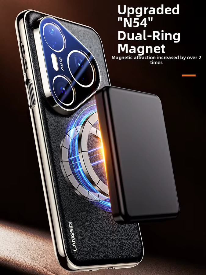 MagSafe Hülle für Huawei Pura 90s 80 Pro Pro+ 70 Ultra aus Luxus Leder mit Vollglas Linsenschutz und magnetischer Rückabdeckung in Orange - Bild 2