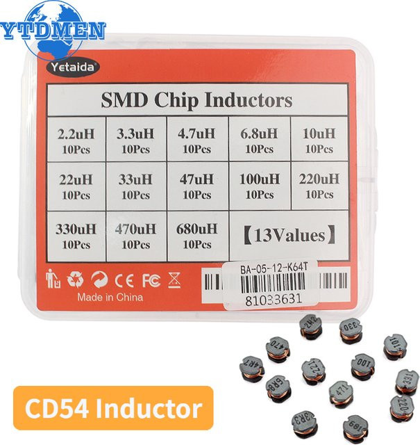 YTDMEN SMD CD54 Leistungsinduktor-Set mit 13 Typen und 130 Stück in einer Sortimentsbox, 2,2 uH bis 680 uH - Bild 1