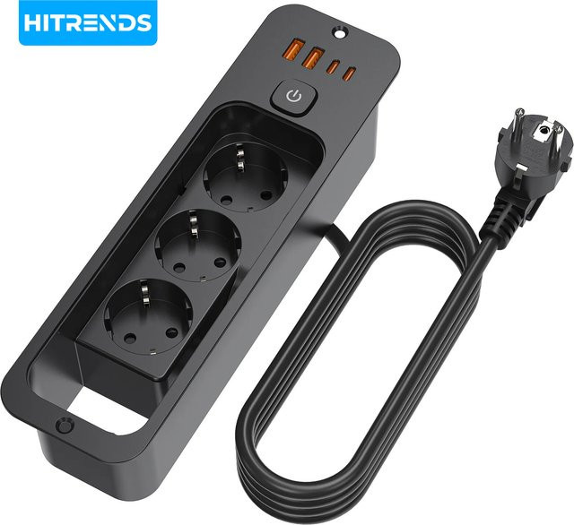 HITRENDS 7-in-1 Einbau-Desktop-Steckdose in Schwarz mit 3 AC-Anschlüssen und USB-C PD20W Schnellladung - Bild 1