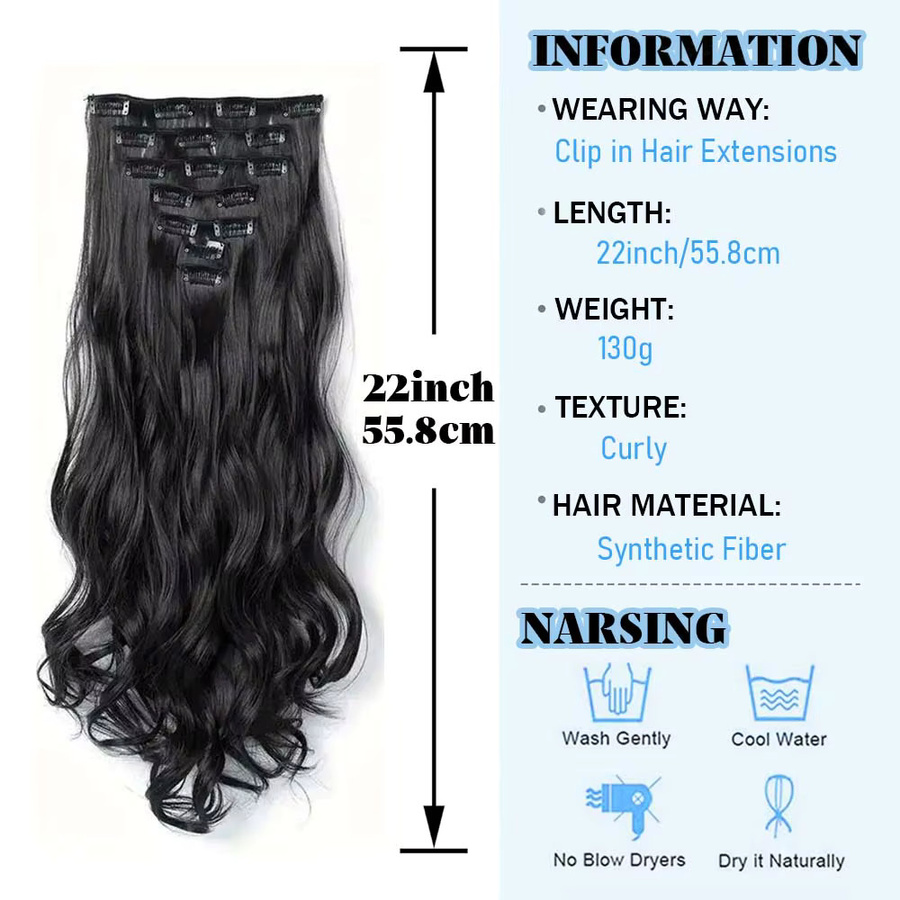 Refeeny Haarverlängerung Clip-in, gewellt, synthetisch, 7 Stück, 22 Zoll, Damen - Bild 3