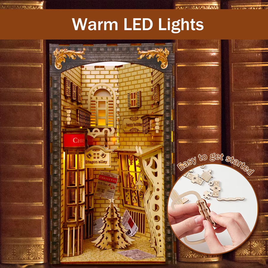 DIY Buch Ecke 3D Holz Puzzle Miniatur Puppenhaus Bücherregal Einsatz mit LED Nachtlicht zur Dekoration für dein Zuhause - Bild 2
