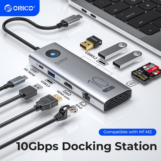 Orico USB-C Docking Station mit HDMI 4K 60Hz, USB 3.0, USB 2.0, RJ45 Ethernet, PD 100W und Kartenleser - Bild 1