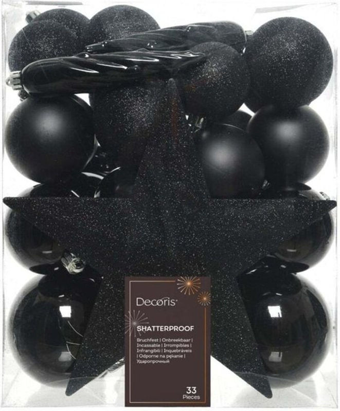 Kaemingk Weihnachtsschmuck Set aus schwarzen Kunststoff-Weihnachtskugeln und Sternen, 34-teiliges Hängeornament Set für Weihnachten - Bild 1