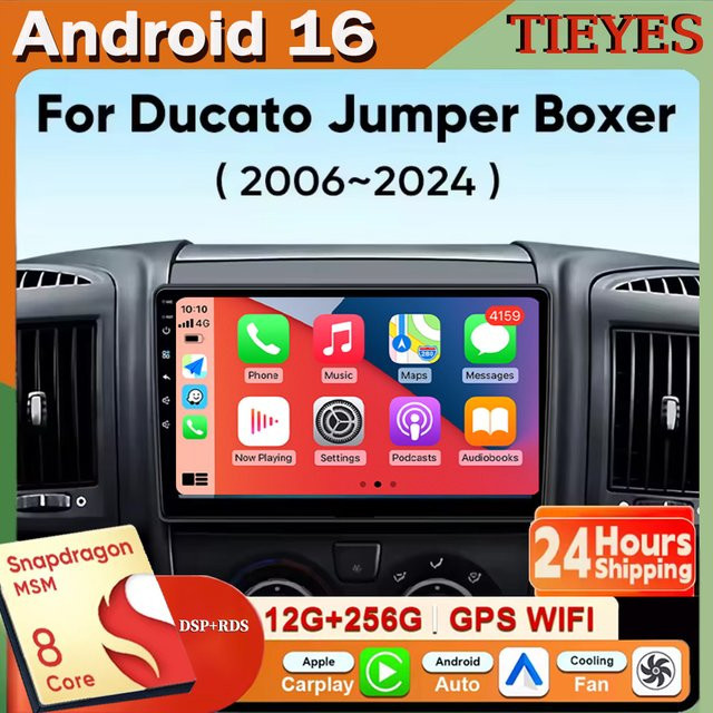TIEYEZ Android 16 Autoradio mit CarPlay, GPS Navigation und Multimedia Player für Fiat Ducato, Citroen Jumper und Peugeot Boxer (2006-2024), Schwarz - Bild 1