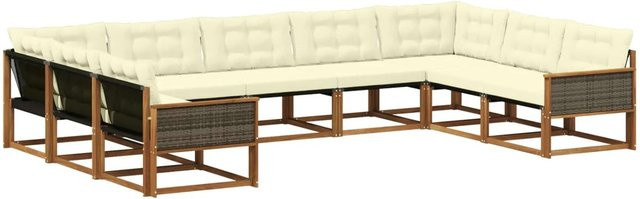 vidaXL Outdoor-Sofagarnitur L-Form aus massivem Akazienholz mit 9 Textilene-Kissen in Natur und Creme - Bild 1