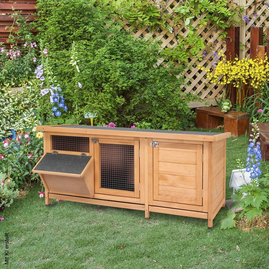 PawHut Kleintierstall aus Fichtenholz in Natur mit wetterfestem und abnehmbarem Dach, B/H/L: 50 x 54 x 112 cm - Bild 3